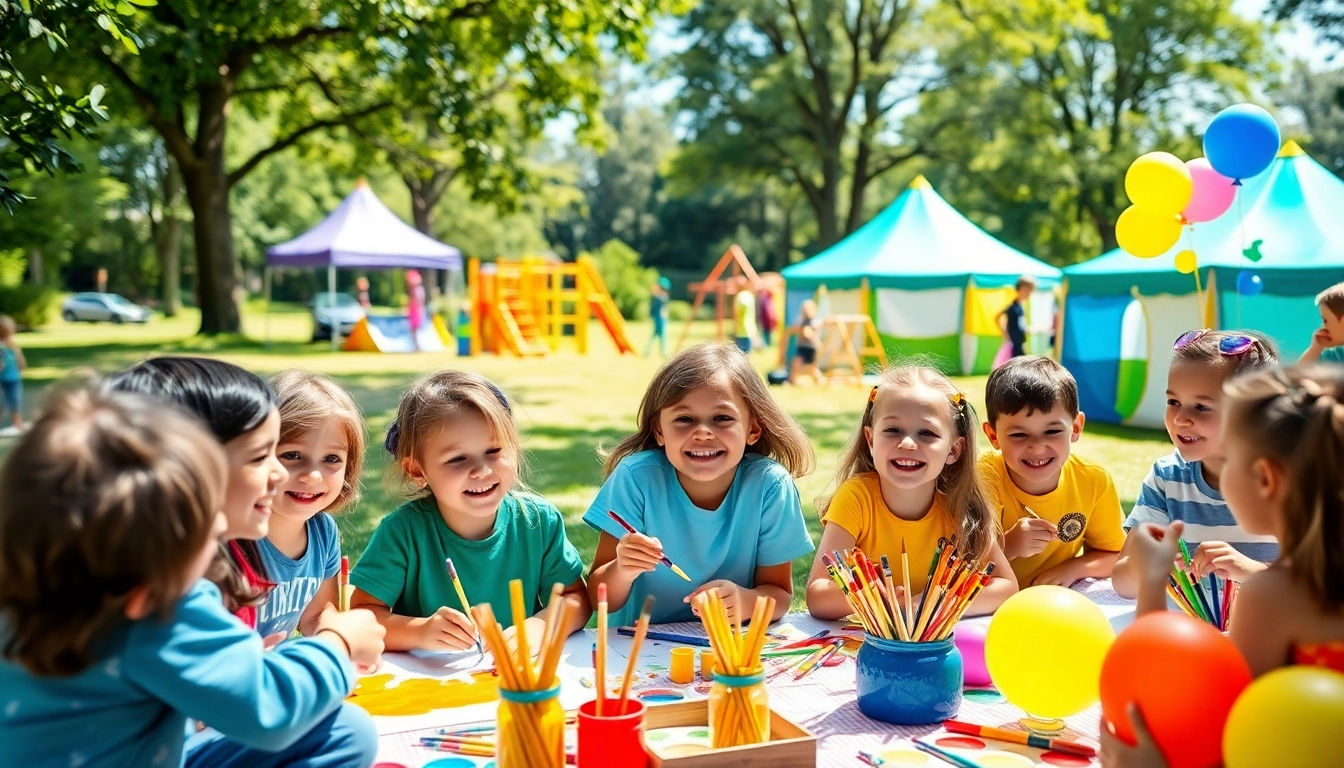 Children enjoying various activities at holiday camps in a sunny park setting with vibrant colors.