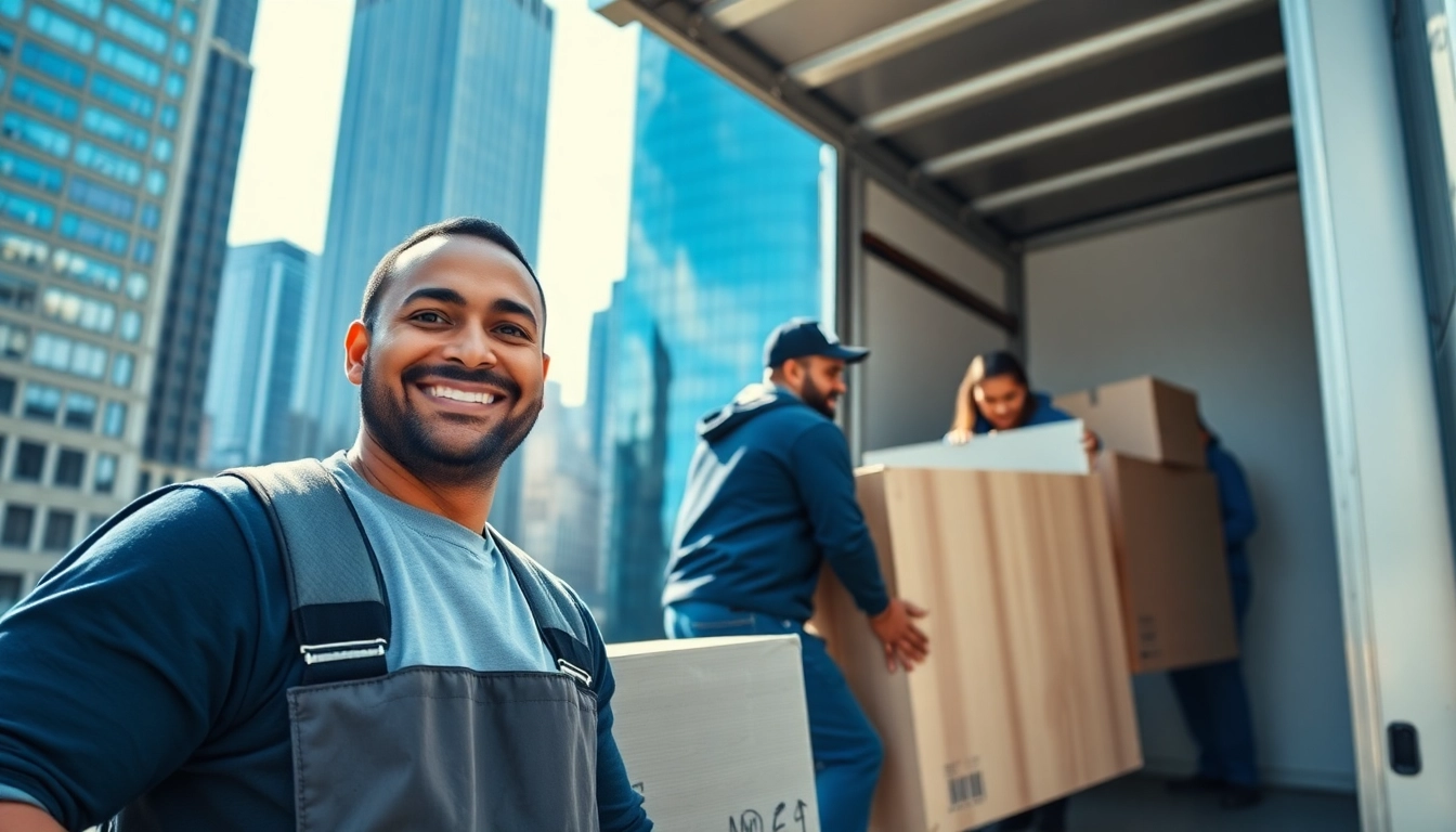 Manhattan movers efficiently loading a truck in a vibrant urban setting, showcasing professionalism.