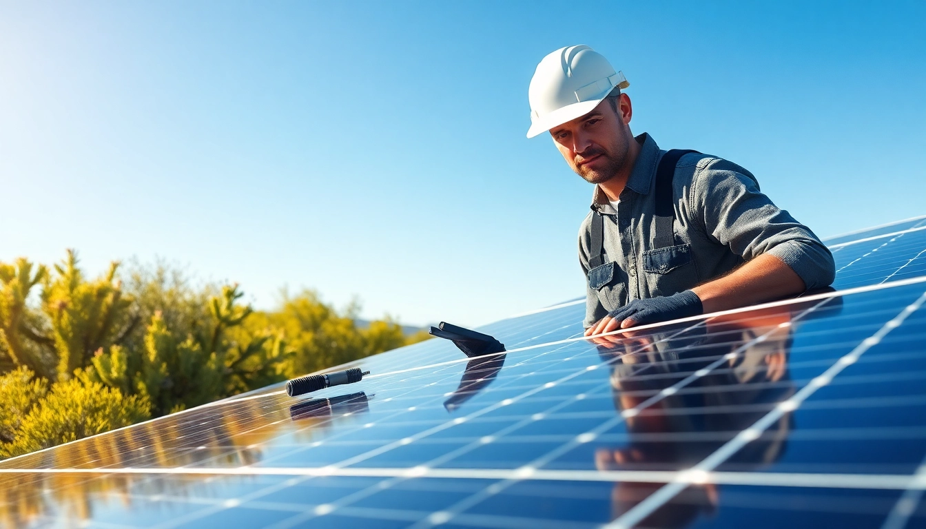 Solar panel cleaning Phoenix technician cleaning solar panels under a bright blue sky.