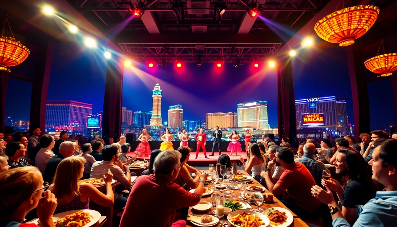 Dazzling performance at a dinner shows vegas venue with vibrant costumes and lively audience.