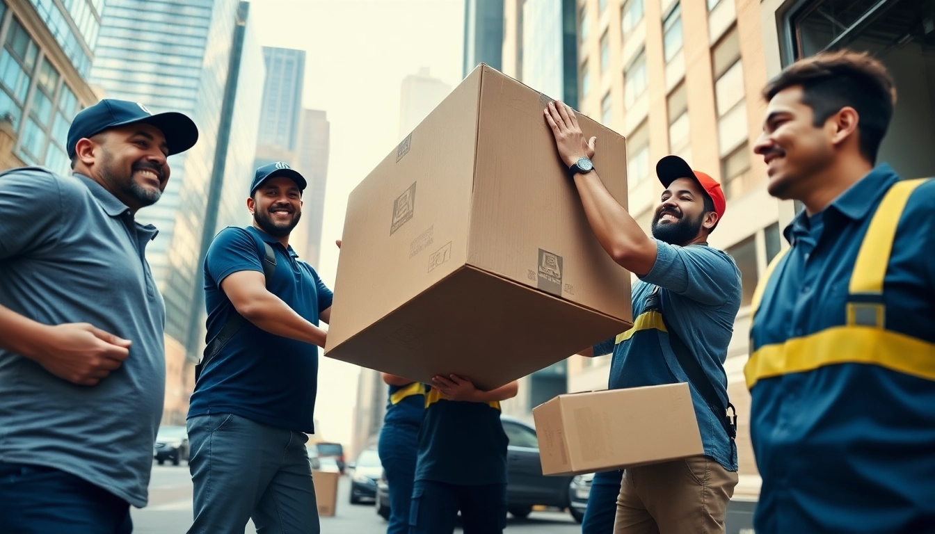 Best movers nyc team lifting heavy box in bustling NYC environment showcasing professionalism