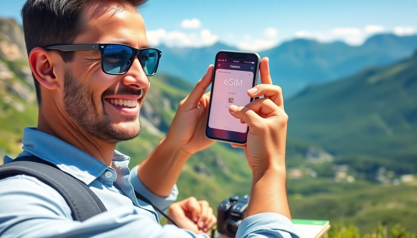 Aktivieren von esim albanien auf einem Smartphone in der malerischen Landschaft Albaniens.