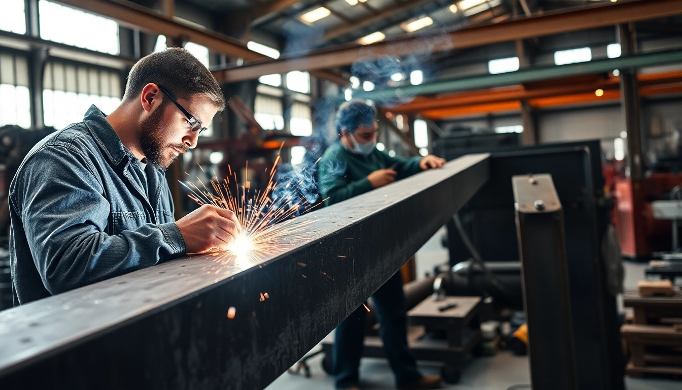 Professional steel fabrication work showing skilled welders near me in a busy workshop.