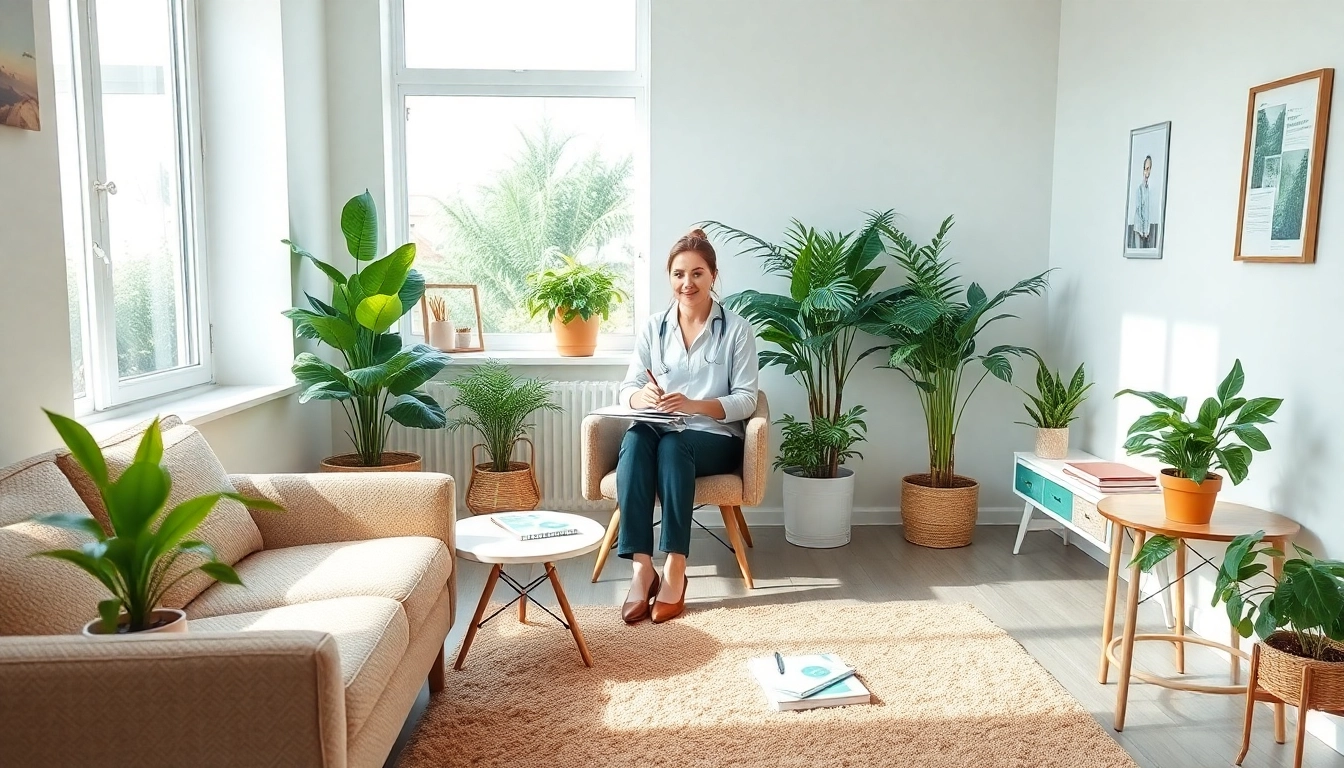 Mental health therapist creating a safe space for clients in a calming office environment.