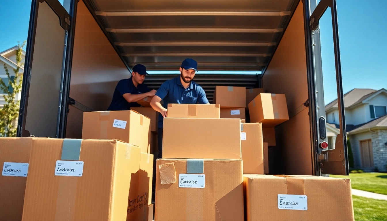Movers Calgary loading boxes into a truck at a suburban home, showcasing teamwork and professionalism.