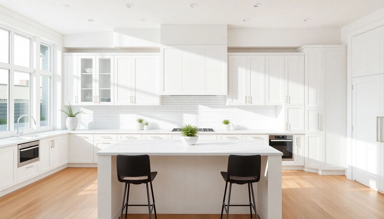 Explore elegant white cabinets in a bright, modern kitchen setting with inviting design elements.