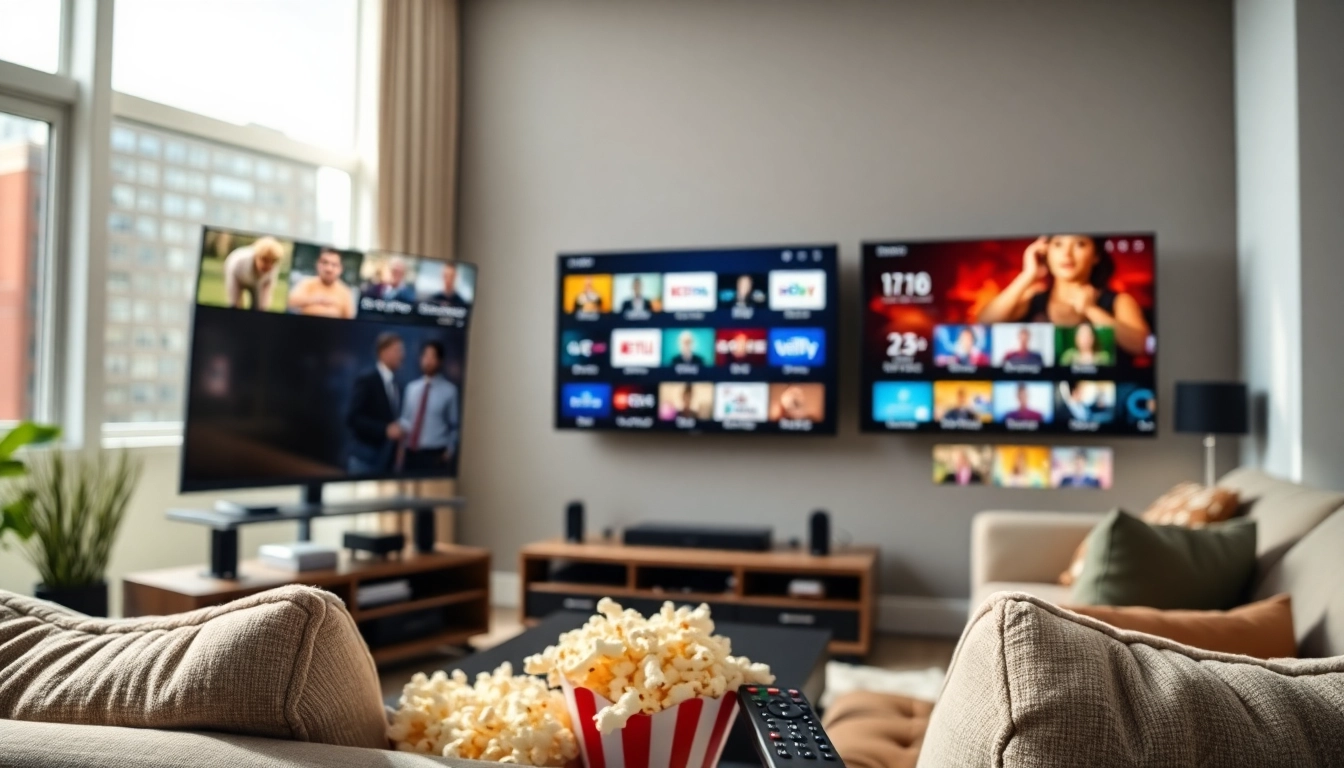 Compra Listas IPTV con un moderno setup de streaming en casa y pantallas múltiples.