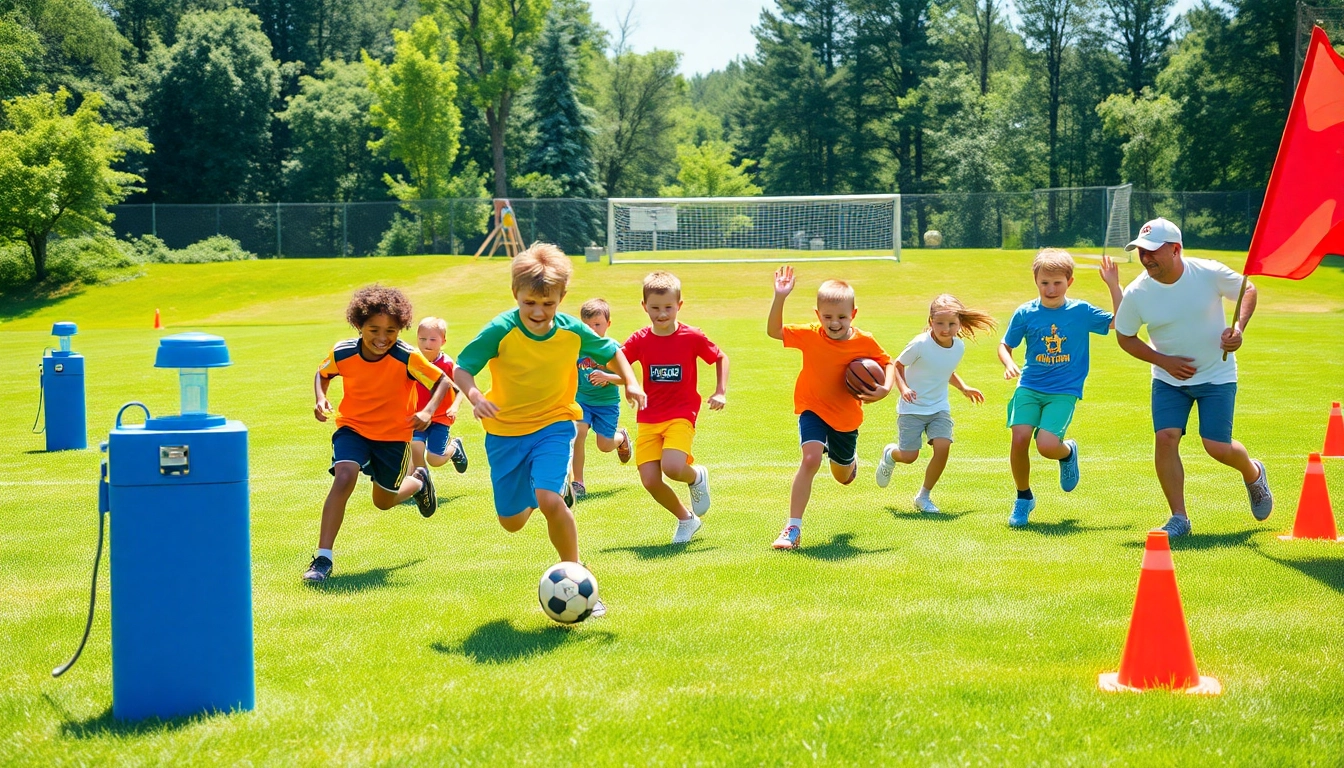 Active boys participating in Multi Sports Camps for Boys showcasing teamwork and energy.