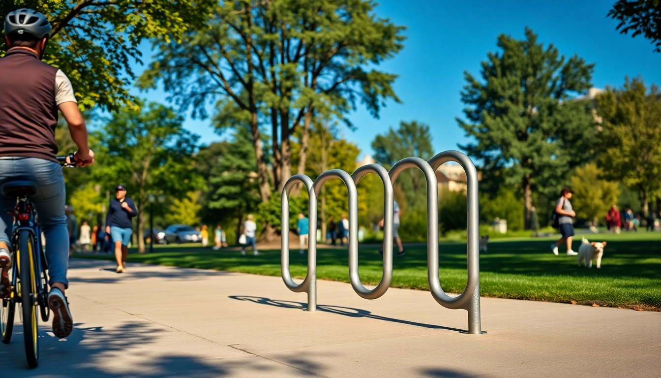 Secure your bike with a modern bike rack in a lively urban park, enhancing outdoor experiences.