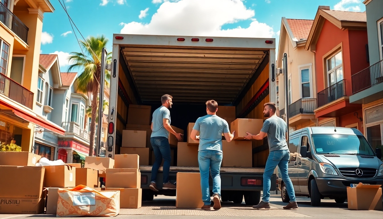 Cheap movers performing efficient services while loading a moving truck in a vibrant neighborhood.