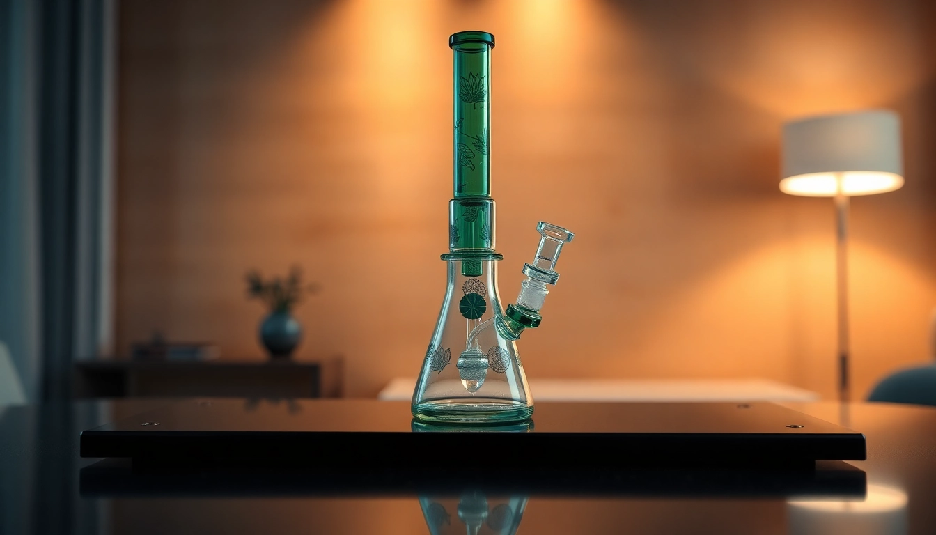 Experience the beauty of a glass Dab Rig highlighted by elegant lighting and intricate designs.