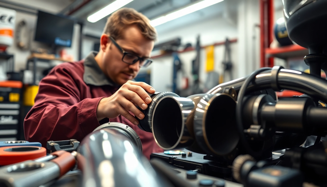 Installing a charge pipe kit with professional precision in a garage environment.