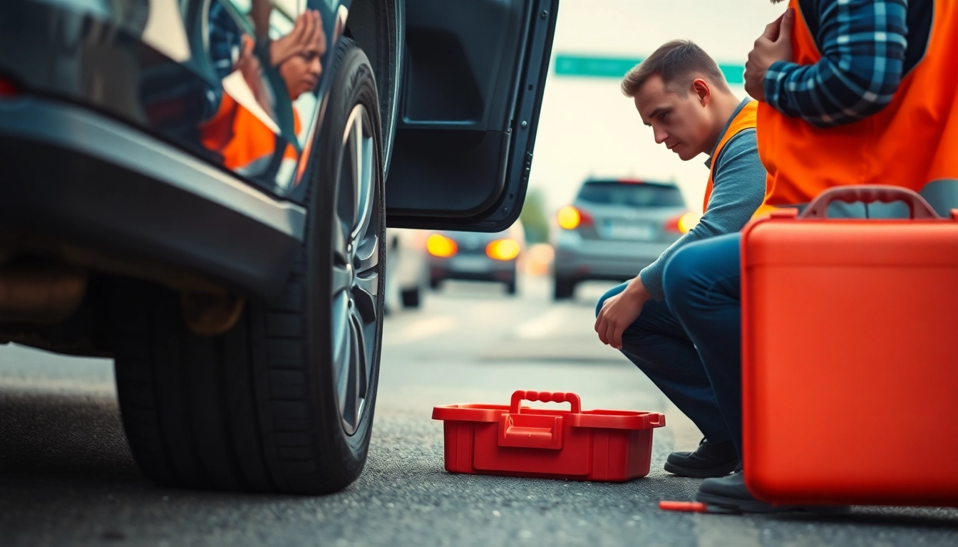 Wymiana koła Mikołów w profesjonalnej usłudze pomocy drogowej z mechanikiem przy pracy.