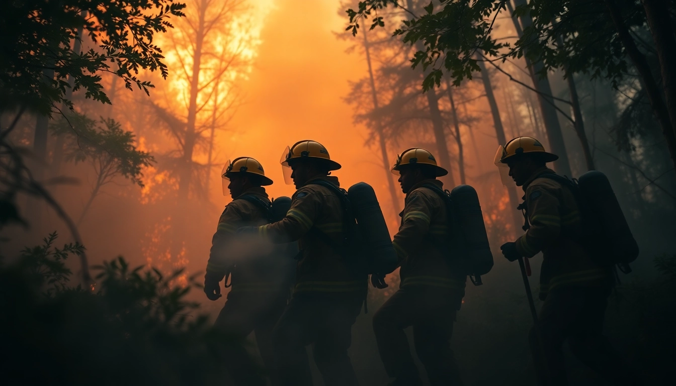 Firefighters combatting a wildfire events in a forest, showcasing bravery and intense action.