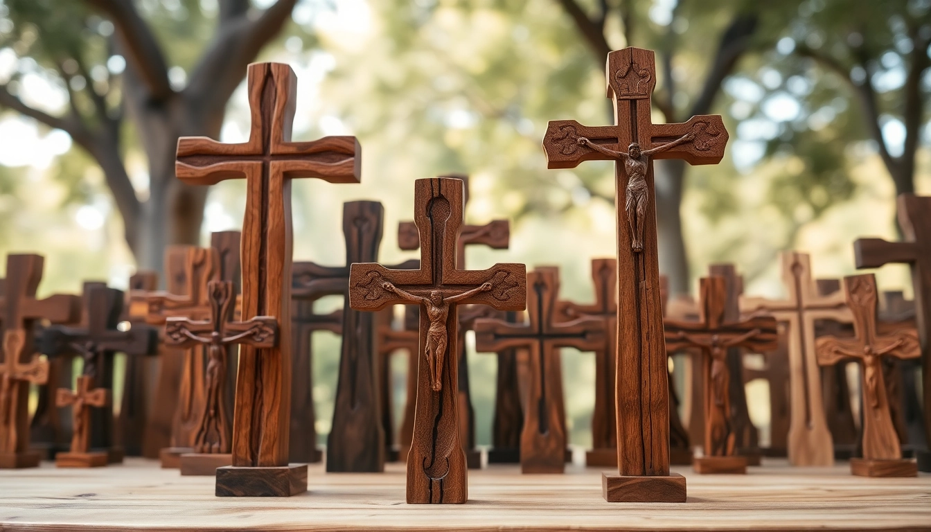 Admiring handmade crosses highlighting unique craftsmanship and warm wood tones.