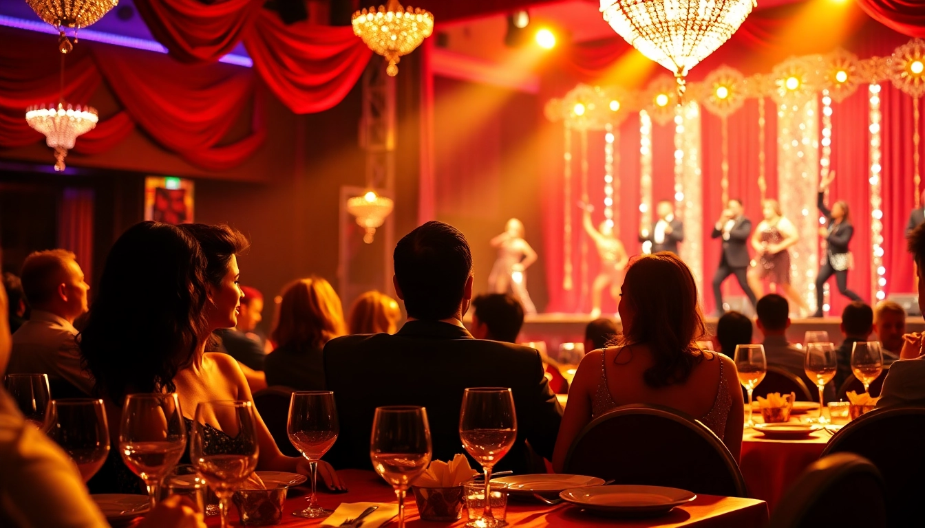 Enjoying a show at a vibrant las vegas dinner theater with performers and dining ambiance.