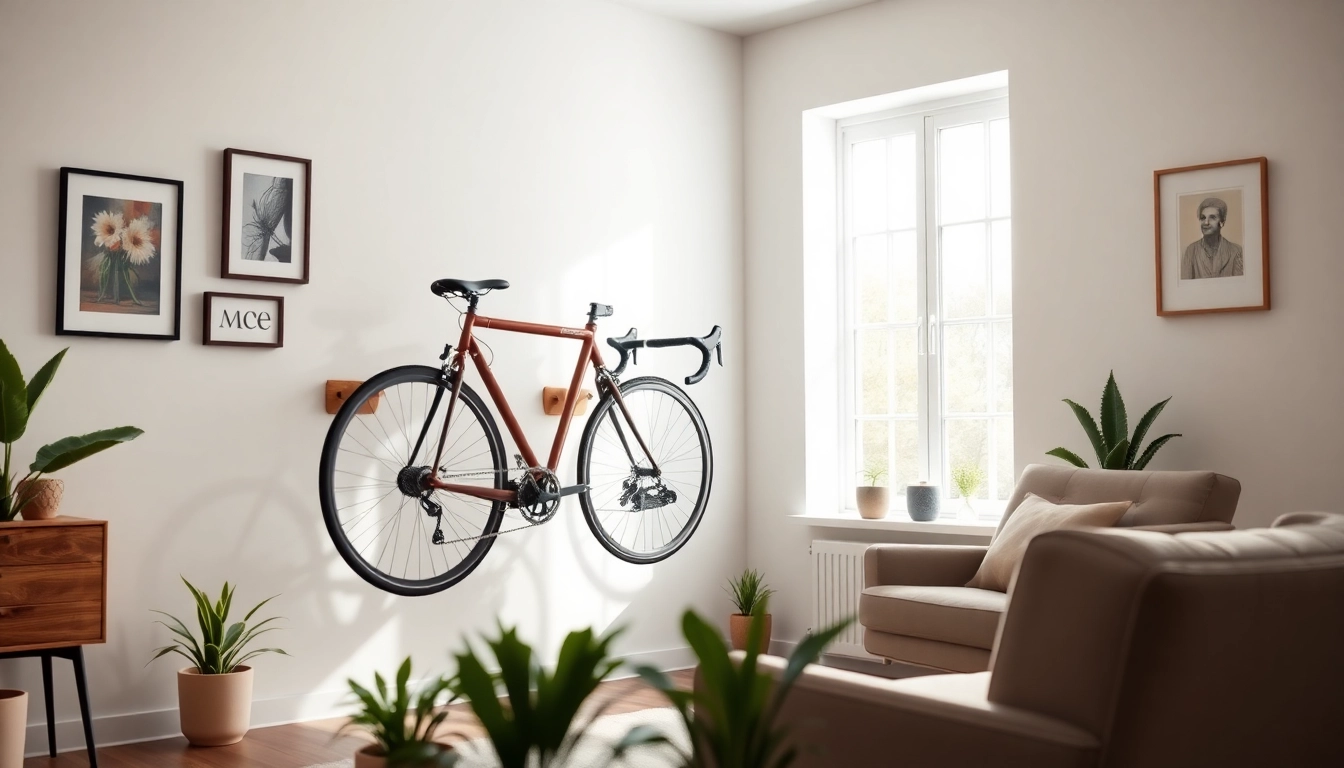 Showcasing a stylish bike rack elegantly displayed in a modern living room setting.